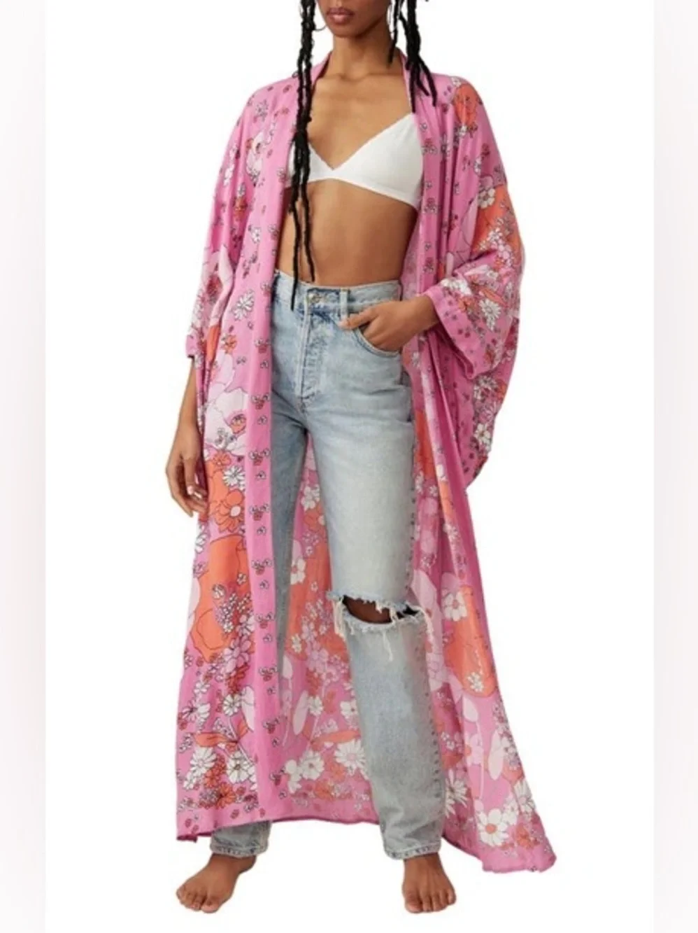 Free People Pink Floral Hidden Hills Maxi Kimono - OS